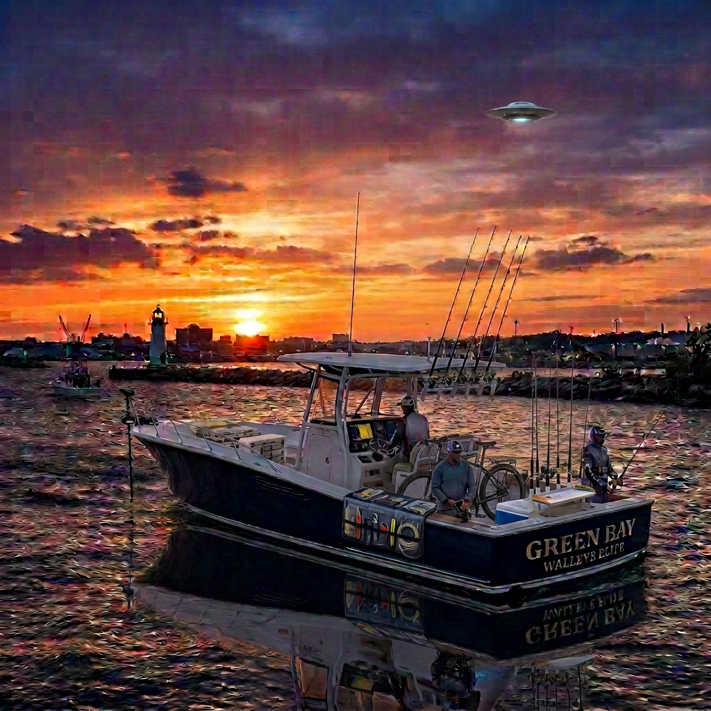 Fishing boat Lake Breeze cruising through harbor waters at sunset